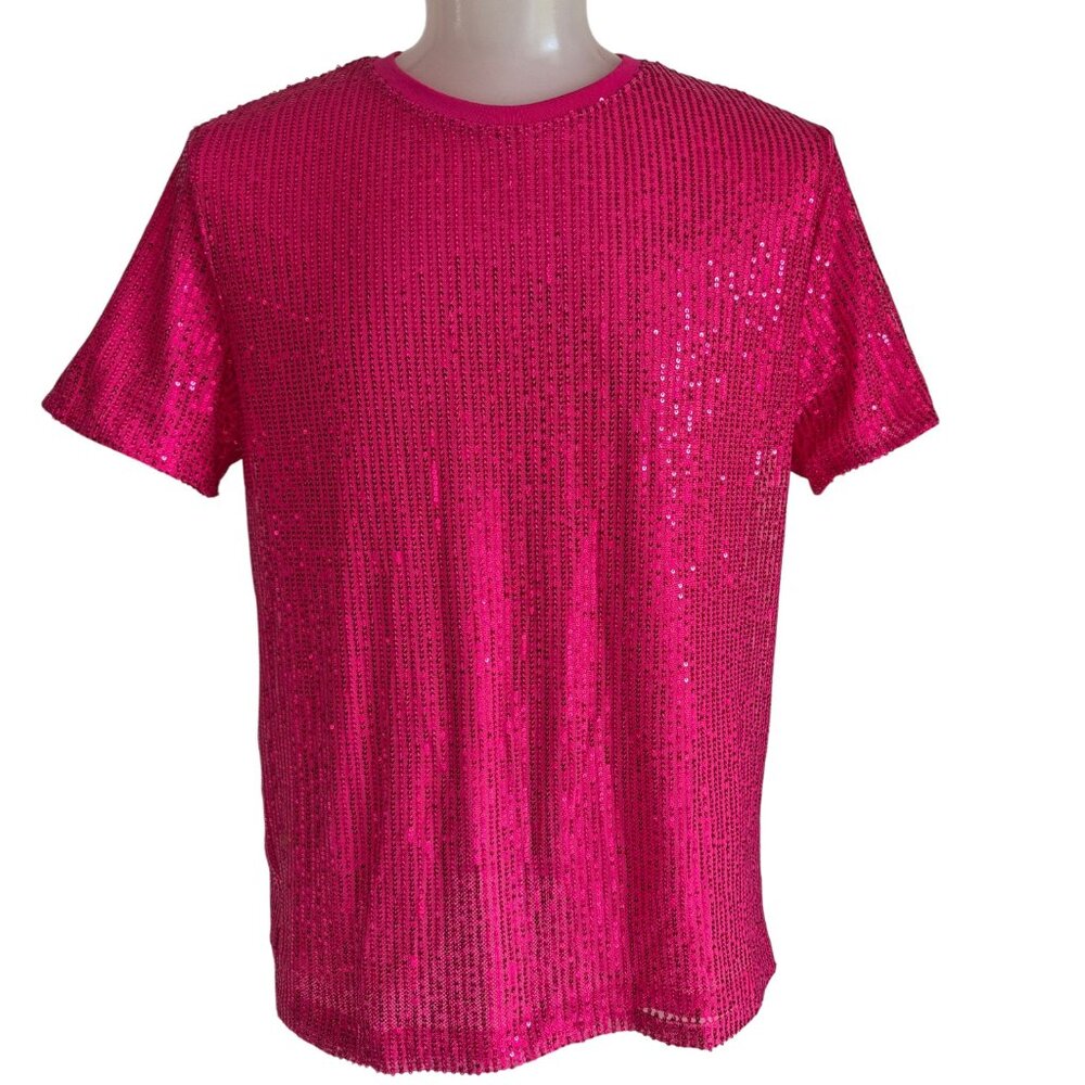 Hot Pink Sequin Lined T-Shirt Disco Performer Stage Glitzy Mesh Lining Size XL
